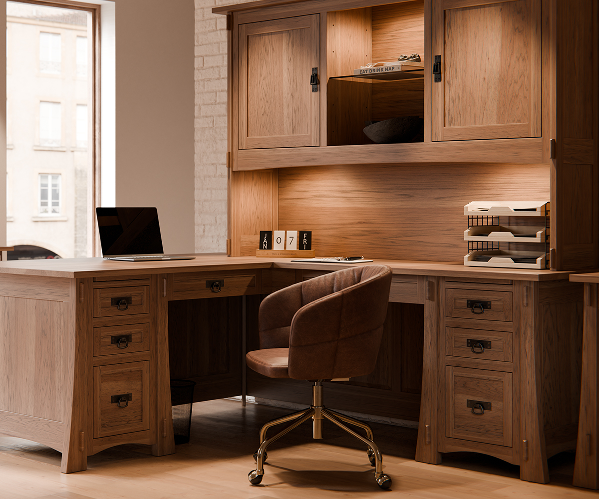 L-shaped wood desk office furniture with hutch, task chair, warm ambient lighting