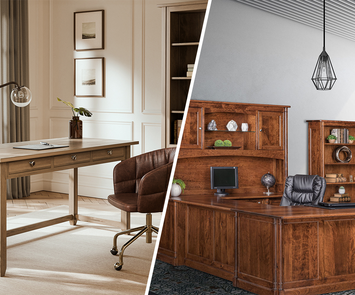 Minimalist and traditional Amish office furniture styles side by side