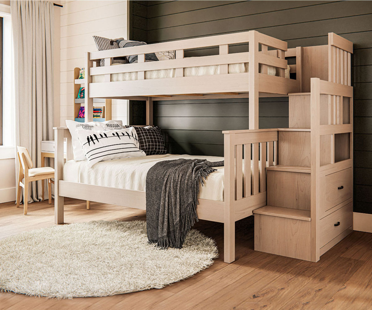 Space-saving bunk bed with storage stairs, perfect children's furniture for shared rooms.