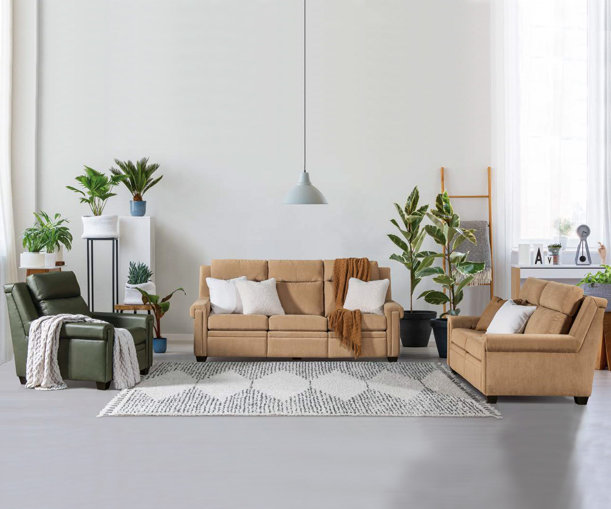 Sofa, loveseat, and recliner set with plants on geometric rug.