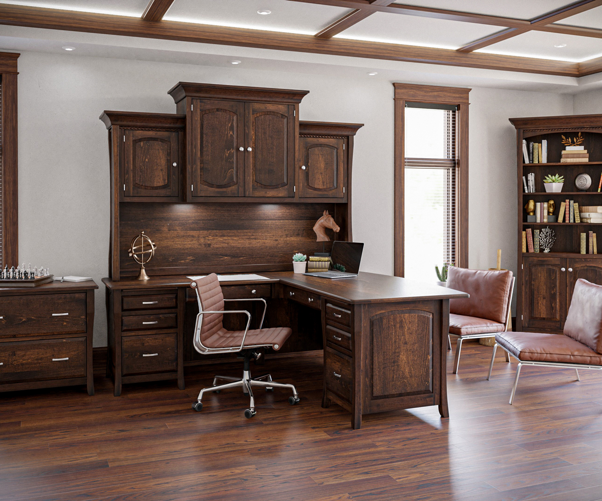 Office furniture L-desk with hutch in dark wood, leather chair, built-in lighting