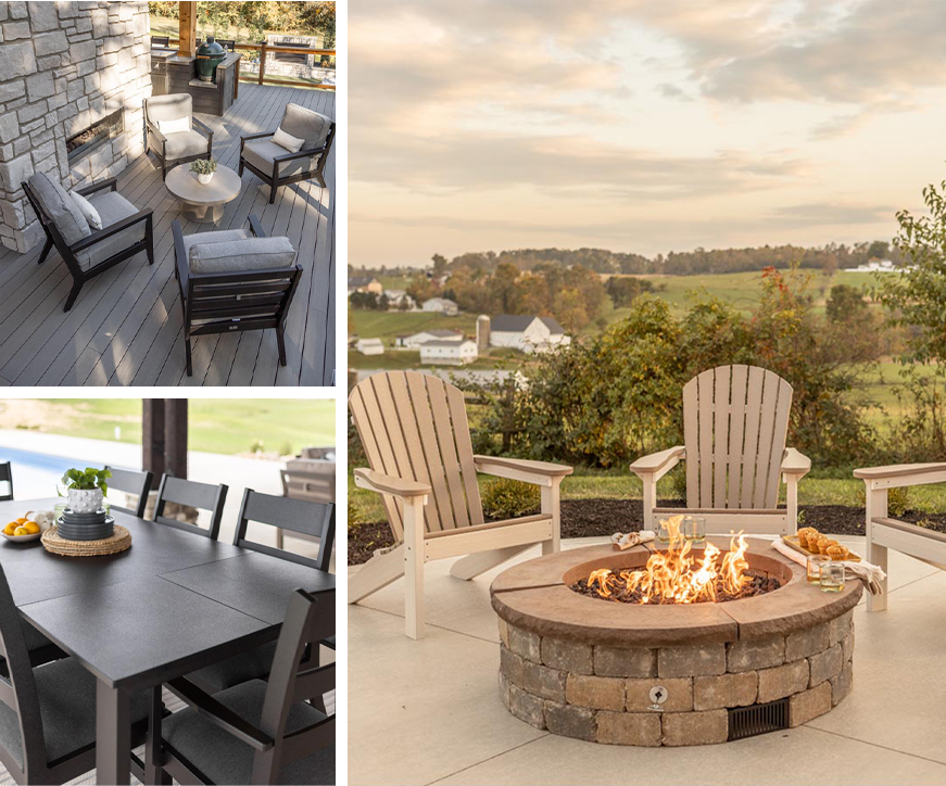 Midwest Woodworks three panel image showing a plant decoration in the top left, a chair in the bottom left, and a round dinner table with three chairs around in a large panel on the right