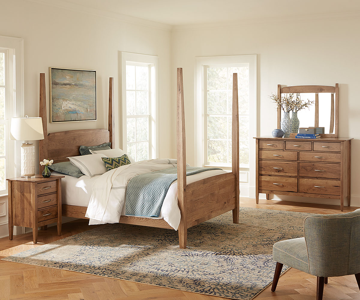 Wood stain colors for furniture shown in warm oak bedroom set.
