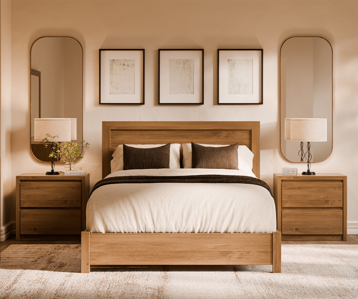 Modern bedroom with a solid wooden bed frame, matching nightstands, and striped bedding