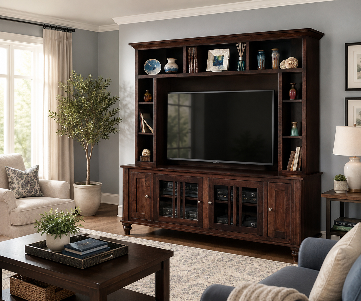 Living room furniture with TV console, bookcase hutch, sofa, chair, and coffee table